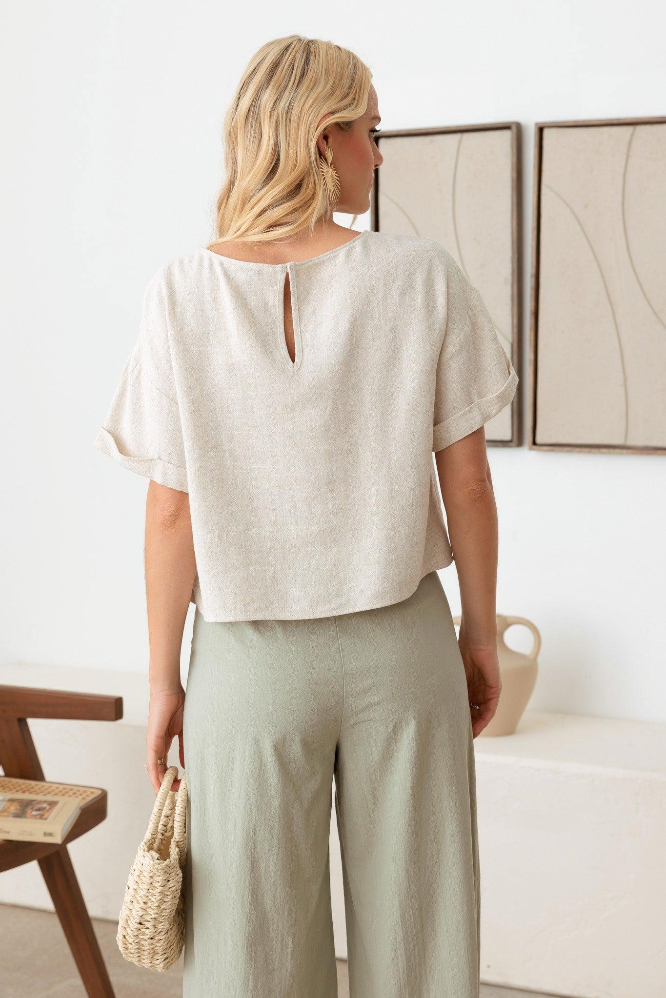 Linen Short Sleeve Open Back Top - Tasha Apparel Wholesale