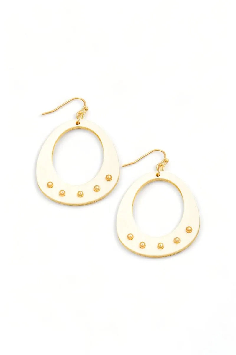 Retro Wooden Circle Cutout Metal Studs Drop Earrings - Tasha Apparel Wholesale