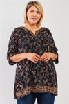 Junior Plus Navy & Multi Paisley Print Slit Neck 3/4 Sleeve Tunic Top - Tasha Apparel Wholesale