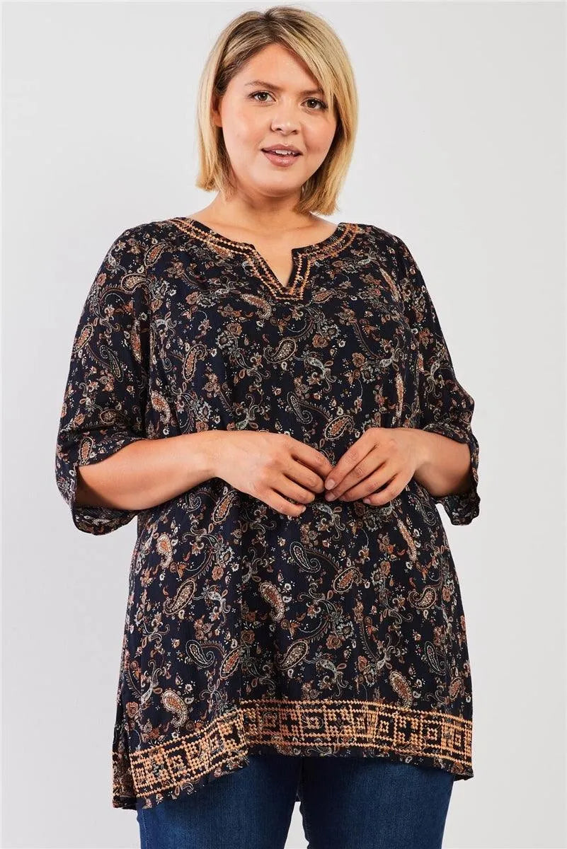 Junior Plus Navy & Multi Paisley Print Slit Neck 3/4 Sleeve Tunic Top - Tasha Apparel Wholesale