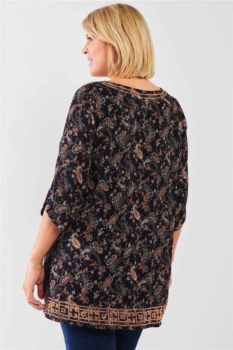 Junior Plus Navy & Multi Paisley Print Slit Neck 3/4 Sleeve Tunic Top - Tasha Apparel Wholesale