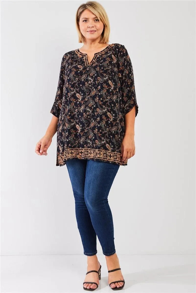 Junior Plus Navy & Multi Paisley Print Slit Neck 3/4 Sleeve Tunic Top - Tasha Apparel Wholesale
