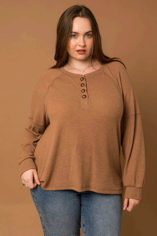 Plus Size Soft Front Button Long Sleeve Top - Tasha Apparel Wholesale