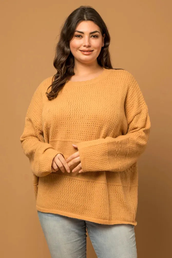 Plus Size Relax Fit knit texture Caramel Sweater - Tasha Apparel Wholesale