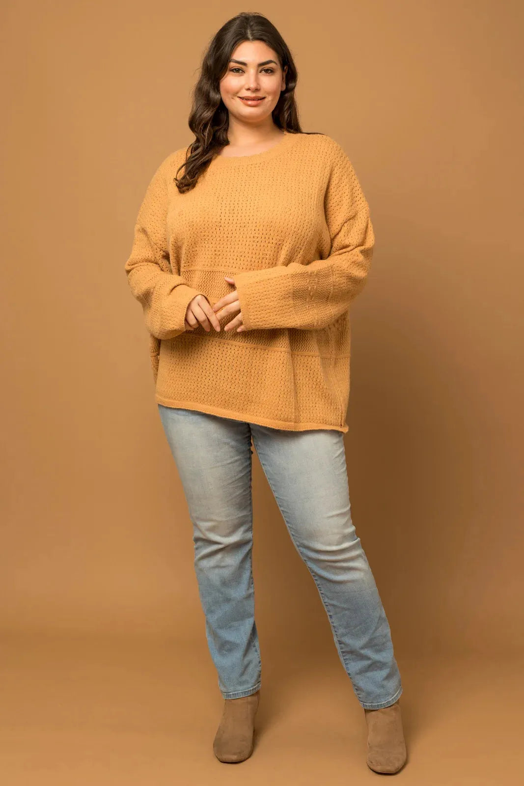 Plus Size Relax Fit knit texture Caramel Sweater - Tasha Apparel Wholesale