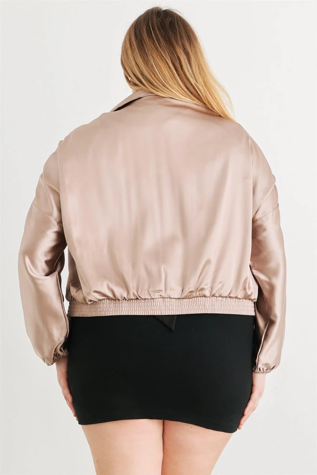 Junior Plus Satin Ruched Cropped Bomber Jacket - Tasha Apparel Wholesale