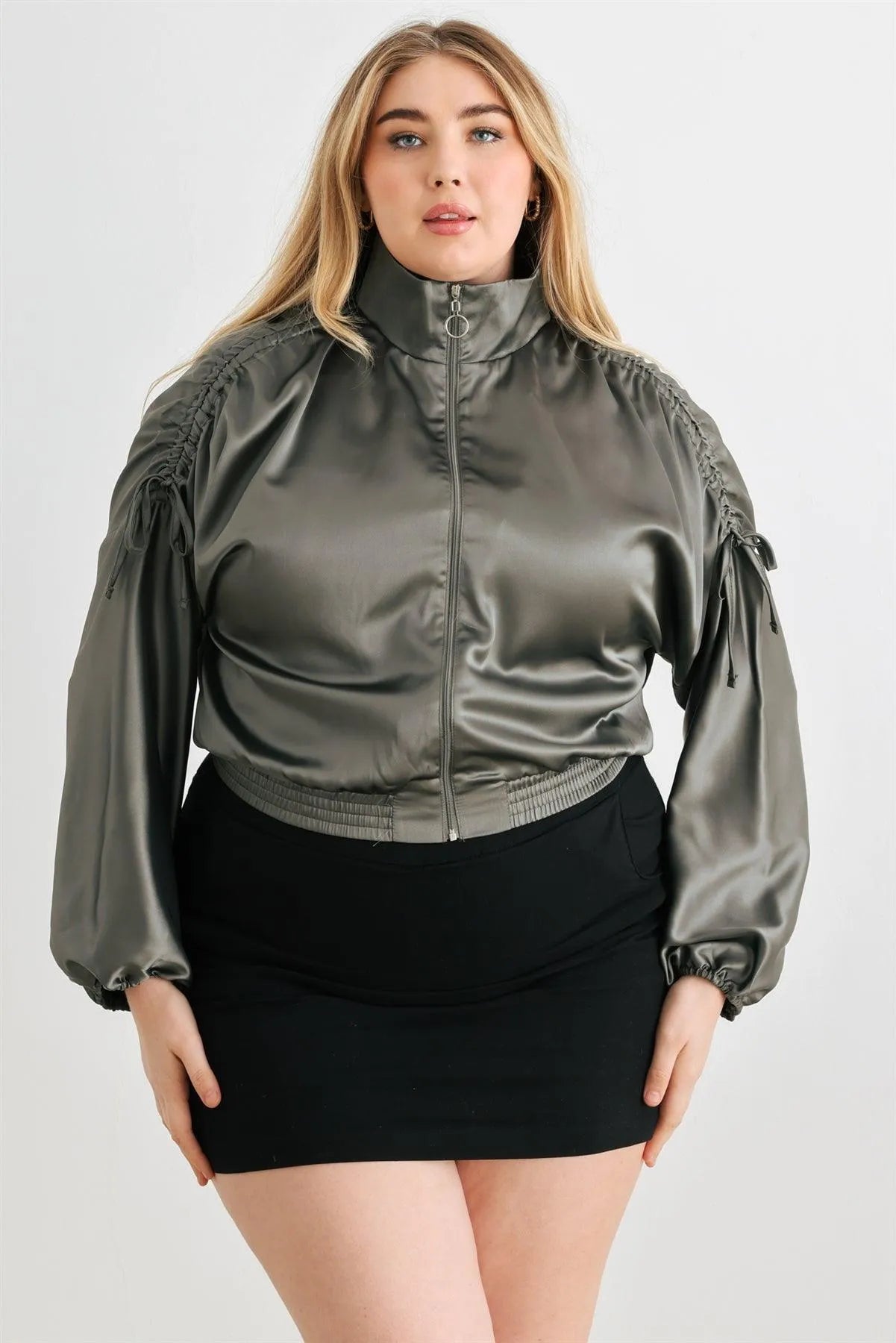 Junior Plus Satin Ruched Cropped Bomber Jacket - Tasha Apparel Wholesale