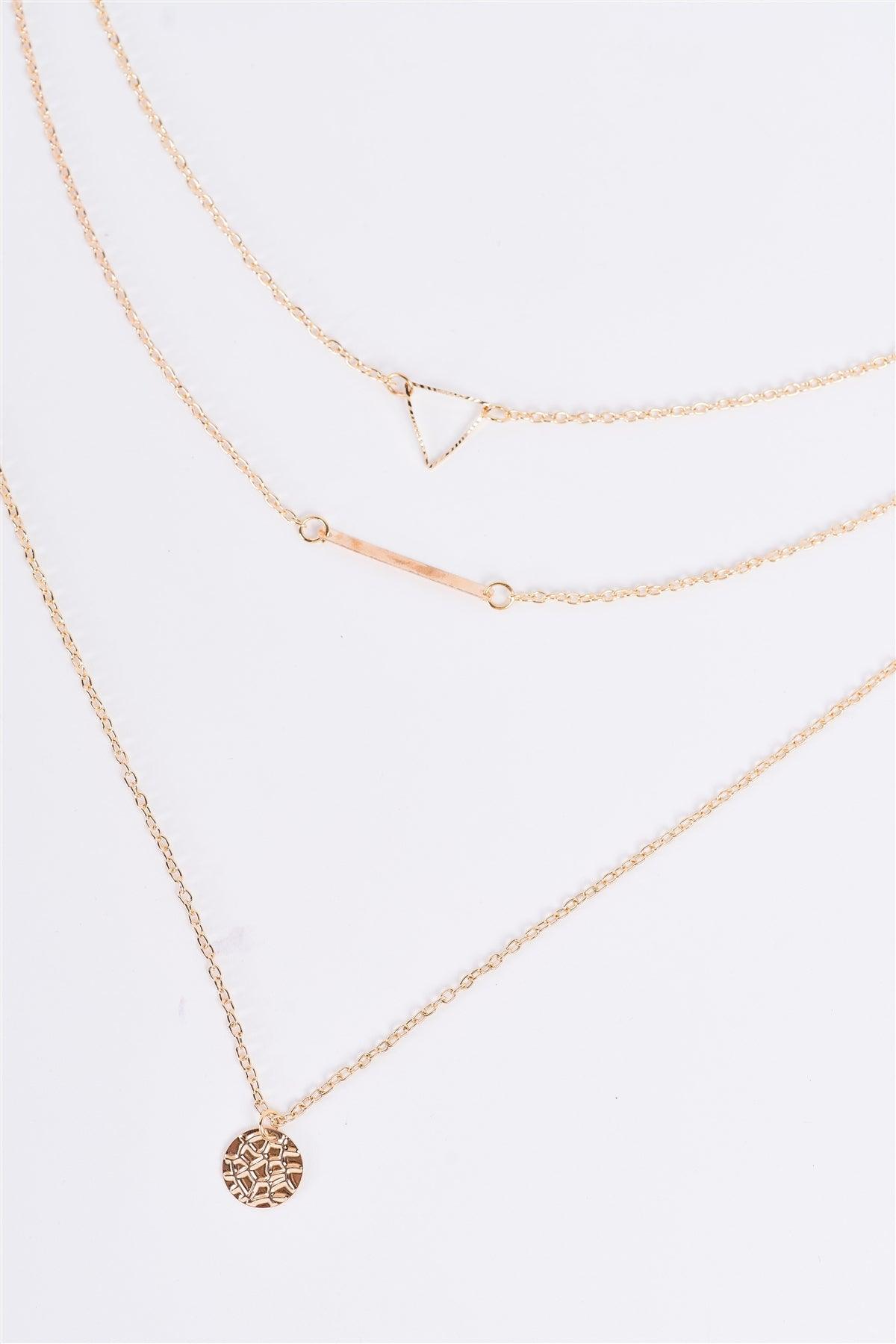 Gold Triple Layered Three Pendants Chain Necklace /3 Pieces
