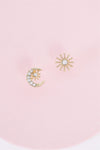 Gold Small Moon & Star Faux Clear Gems Incrusted Stud Earrings /3 Pairs