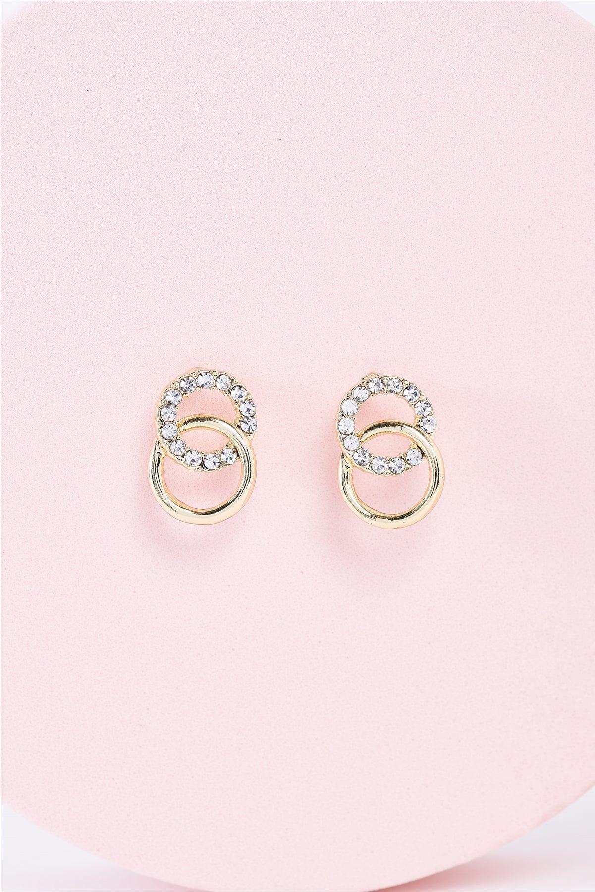 Gold Small Linked Hoops Faux Diamonds Incrusted Stud Earrings /3 Pairs
