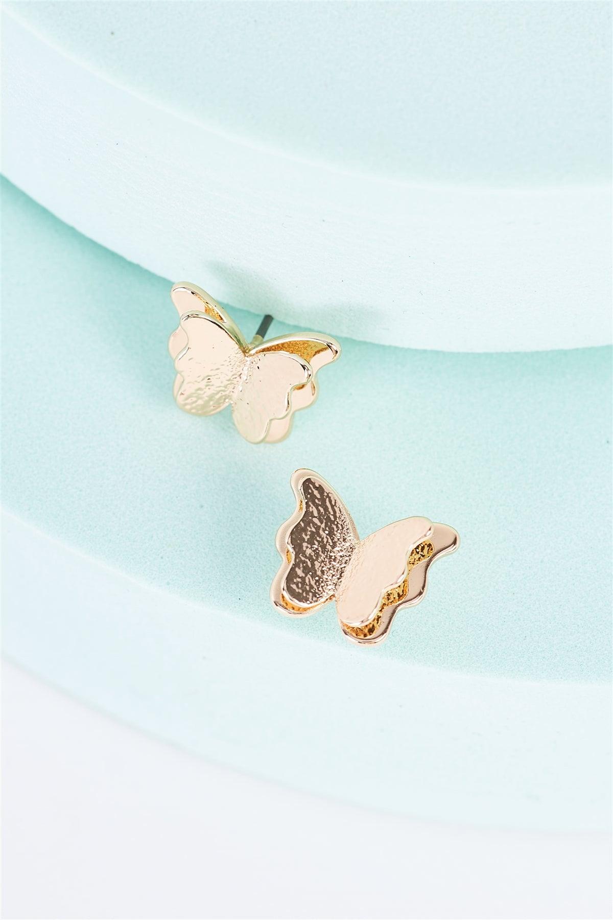 Gold Double-Wing Butterfly Small Stud Earrings /3 Pairs