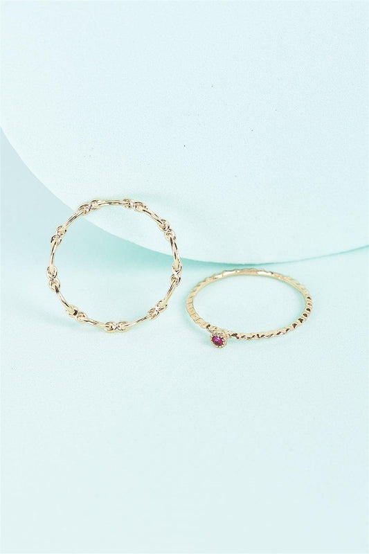 Gold Delicate Chain Link & Pink Gemstone Detail Ribbed 2 Ring Set /3 Pairs