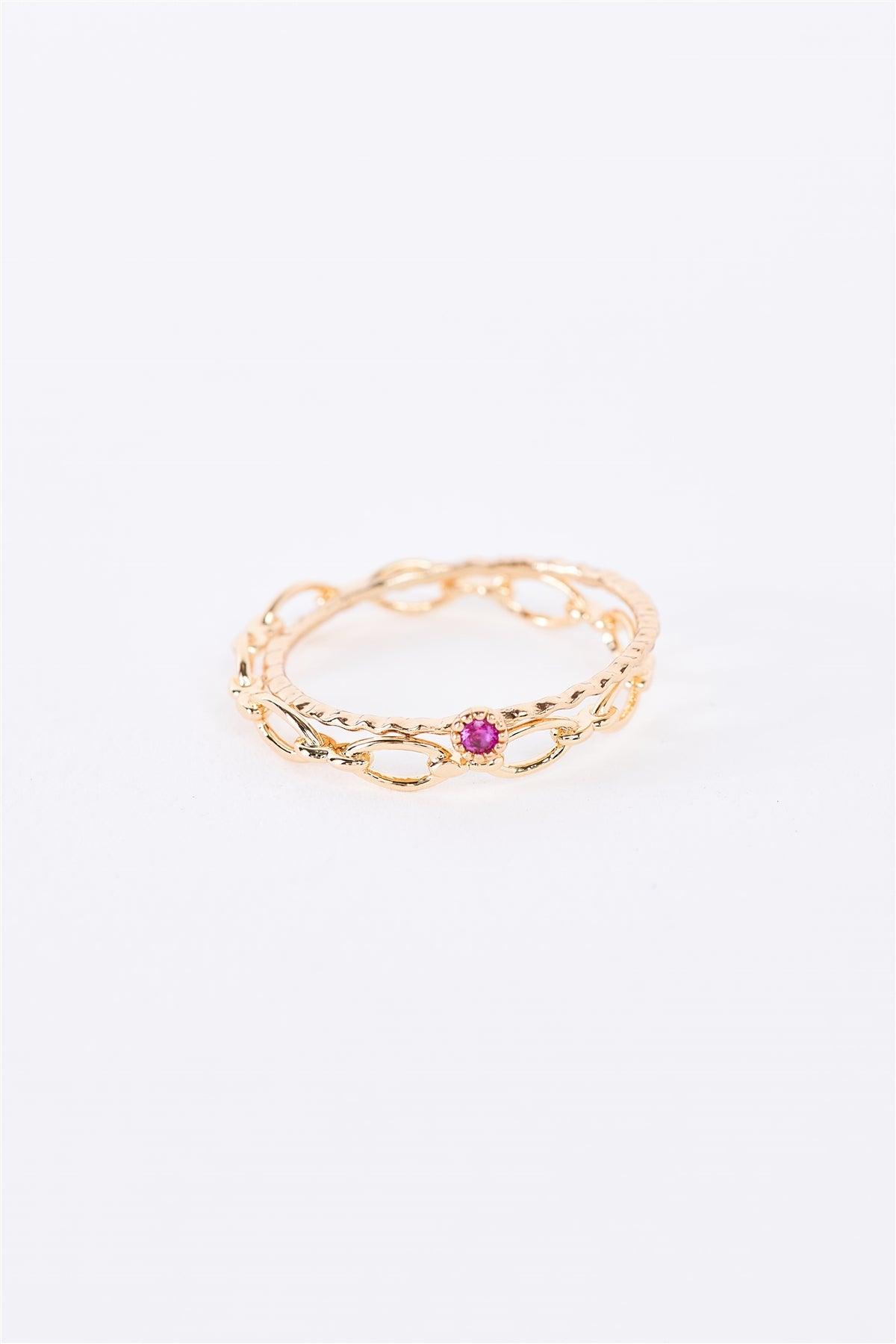 Gold Delicate Chain Link & Pink Gemstone Detail Ribbed 2 Ring Set /3 Pairs