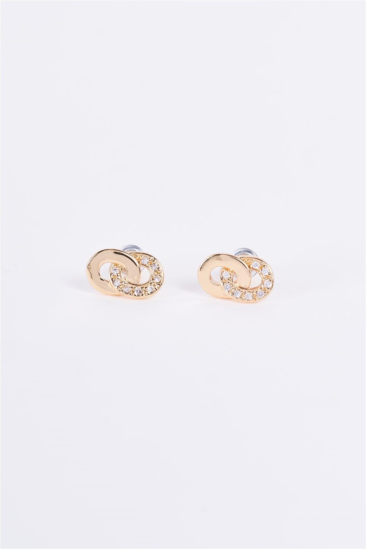 Gold & Rhinestone Incrusted Linked Hoop Stud Earrings /3 Pairs