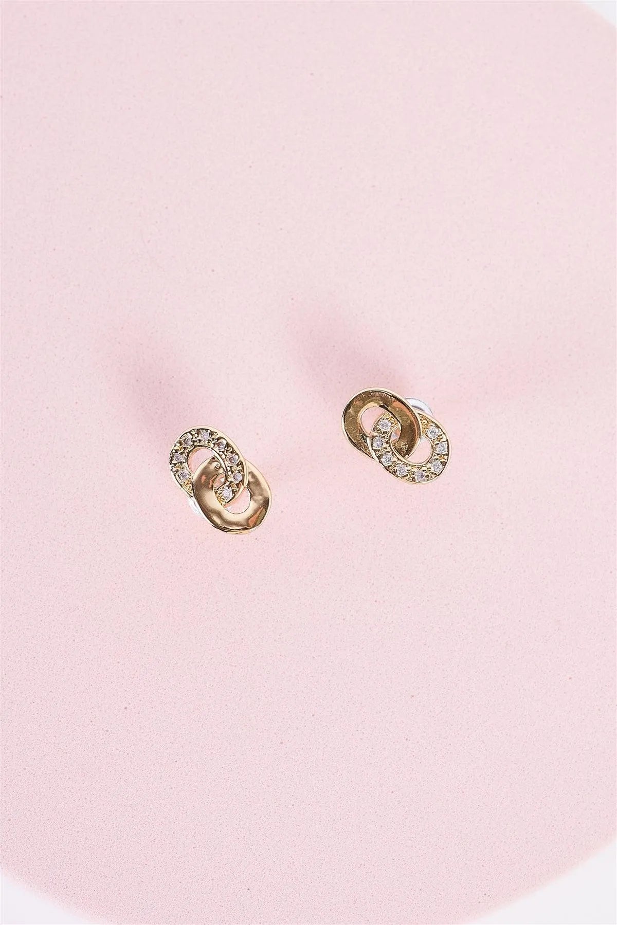 Gold & Rhinestone Incrusted Linked Hoop Stud Earrings - Tasha Apparel Wholesale