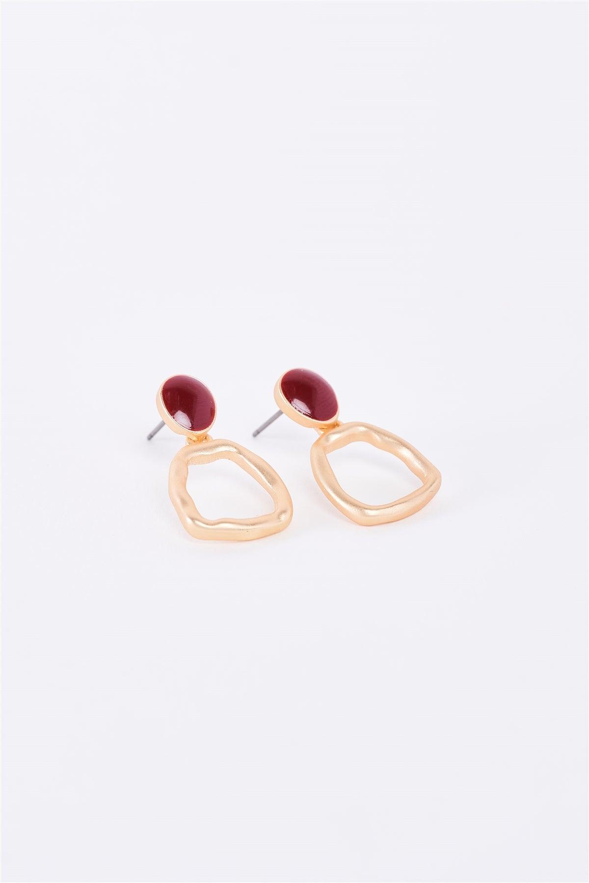 Matte Gold & Red Stone Drop Earrings /3 Pieces