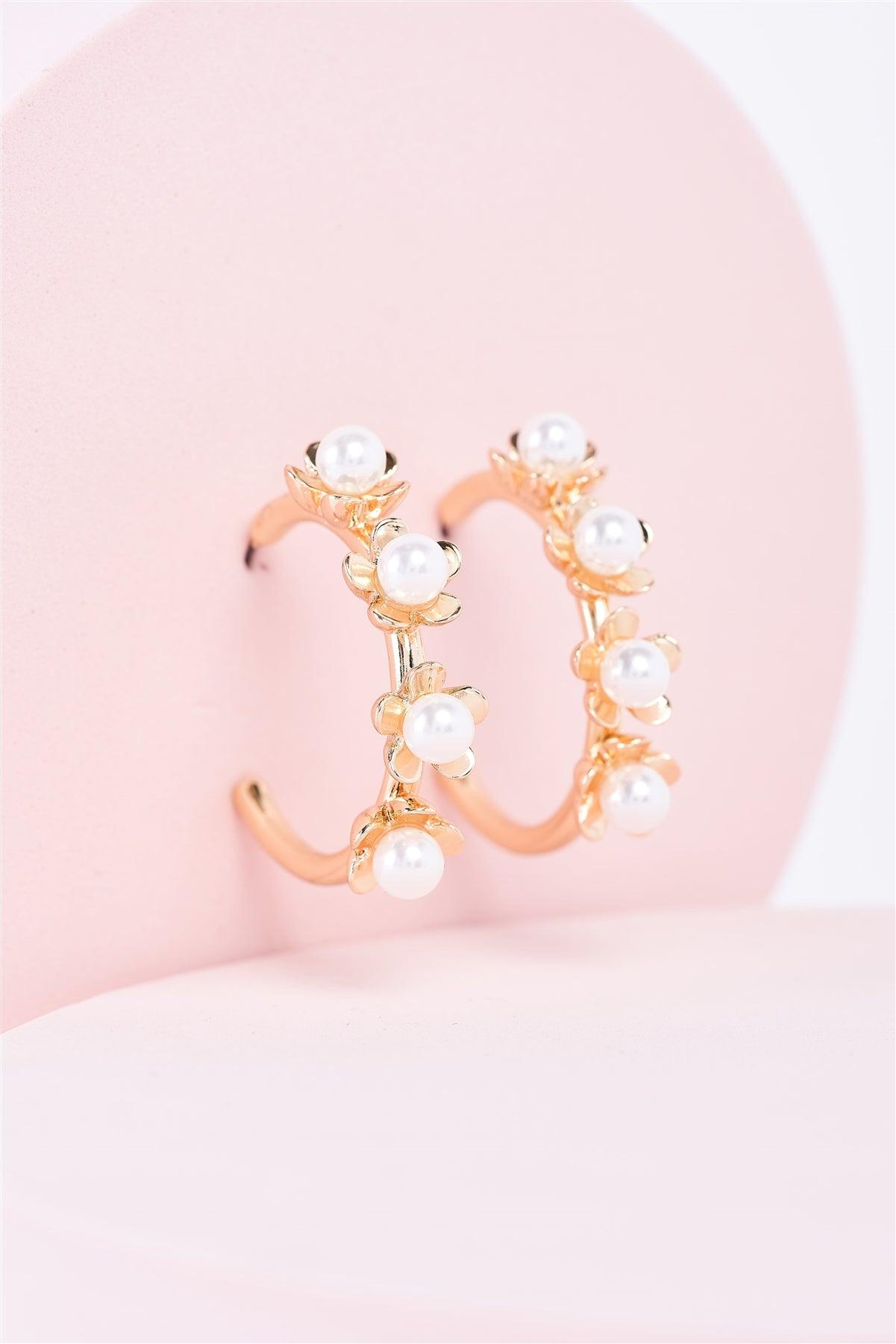 Gold & Pearl Flower Hoop Earrings /3 Pairs