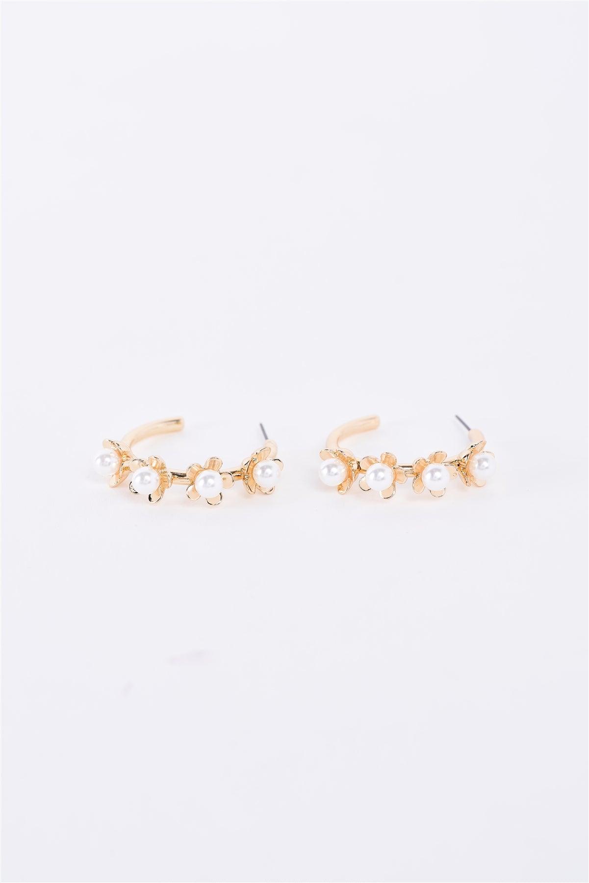 Gold & Pearl Flower Hoop Earrings /3 Pairs