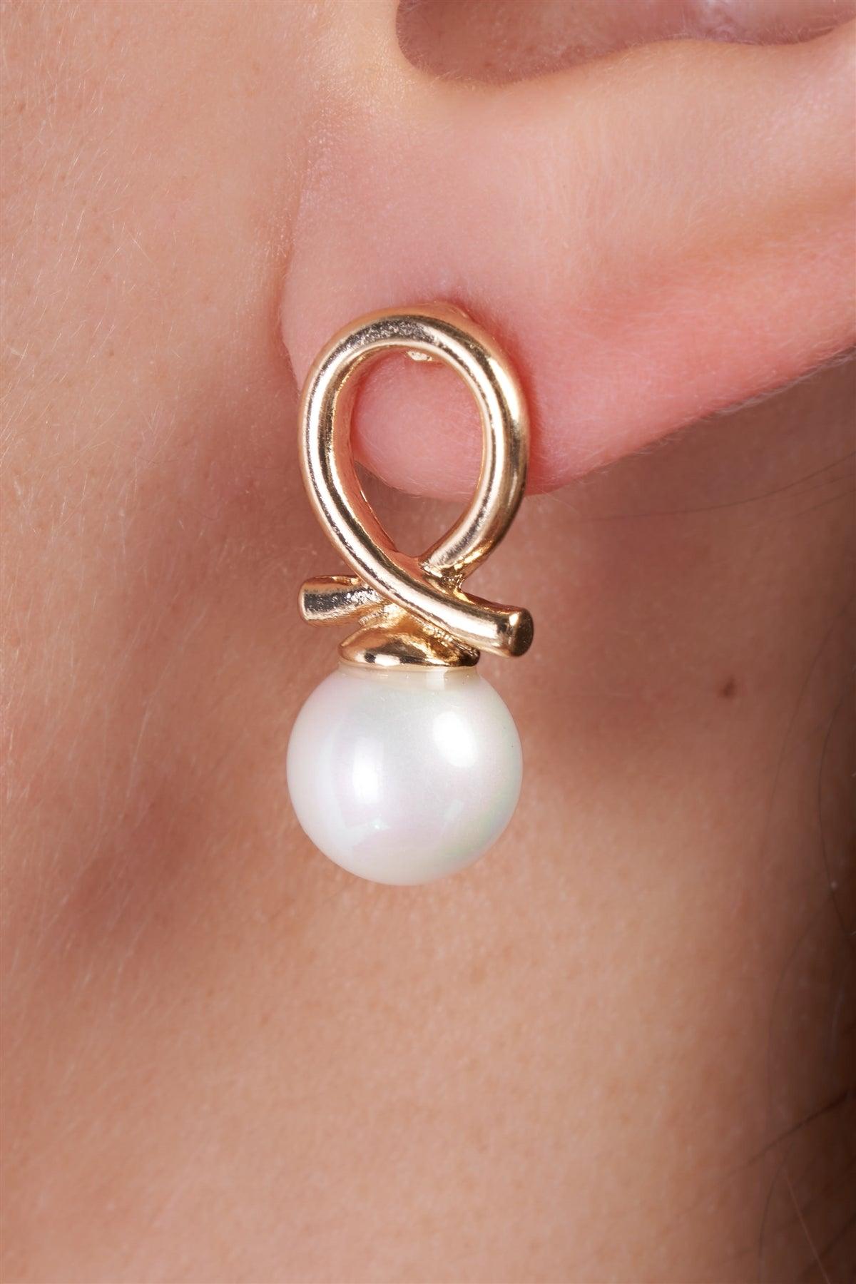 Gold Naughty Loop & Rainbow Pearl Detail Dangle Earrings /3 Pairs