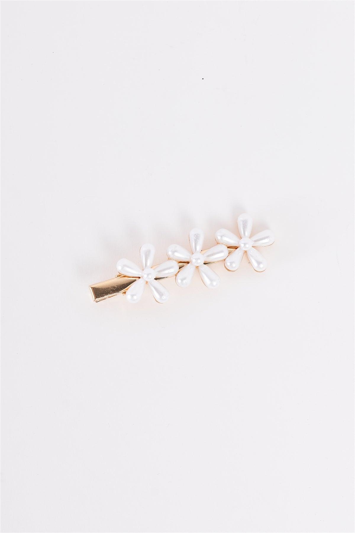 Gold Faux Pearl Triple Flower Trim Sectioning Alligator Hair Clip /3 Pieces