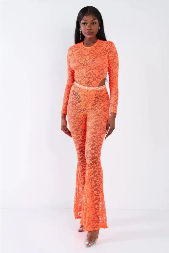 Orange Floral Lace Bodysuit Flare Leg Jumpsuit - Tasha Apparel Wholesale