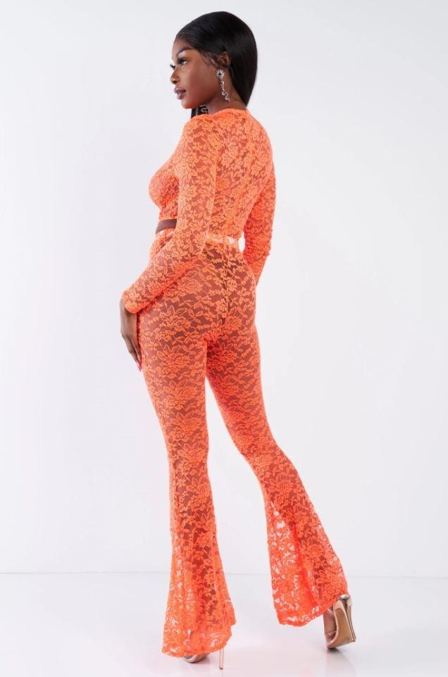 Orange Floral Lace Side Cut Out Mock Snap Bodysuit Flare Maxi Leg Jumpsuit