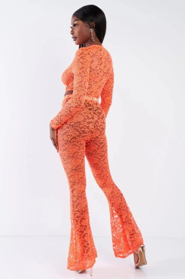 Orange Floral Lace Bodysuit Flare Leg Jumpsuit - Tasha Apparel Wholesale