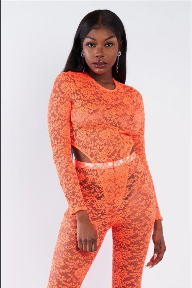 Orange Floral Lace Side Cut Out Mock Snap Bodysuit Flare Maxi Leg Jumpsuit
