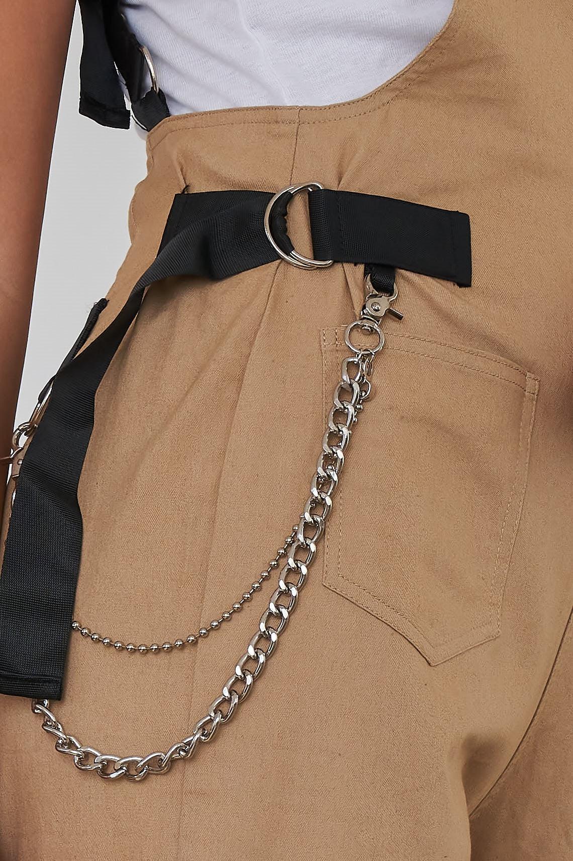Khaki Print Zip Pocket Hardware Chained Cargo Overall Joggers