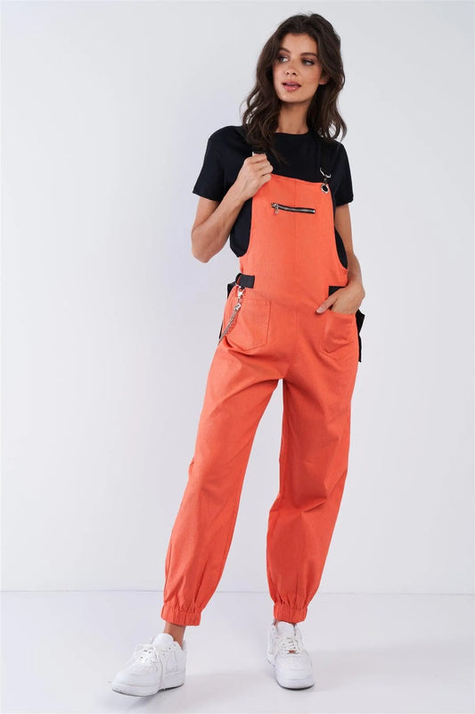 Orange Zip Pocket Hardware Chained Cargo Overalls /2-2-2-2 - Tasha Apparel Wholesale