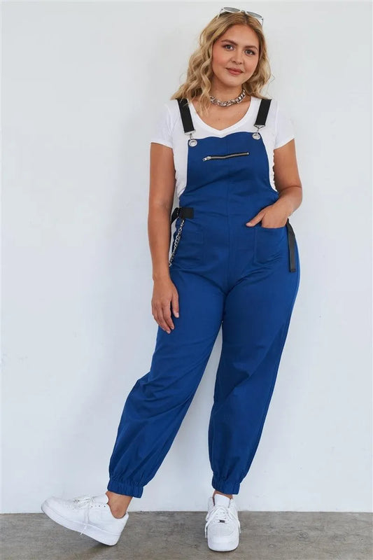 Royal Blue Zip Pocket Hardware Chained Cargo Overalls - Tasha Apparel Wholesale