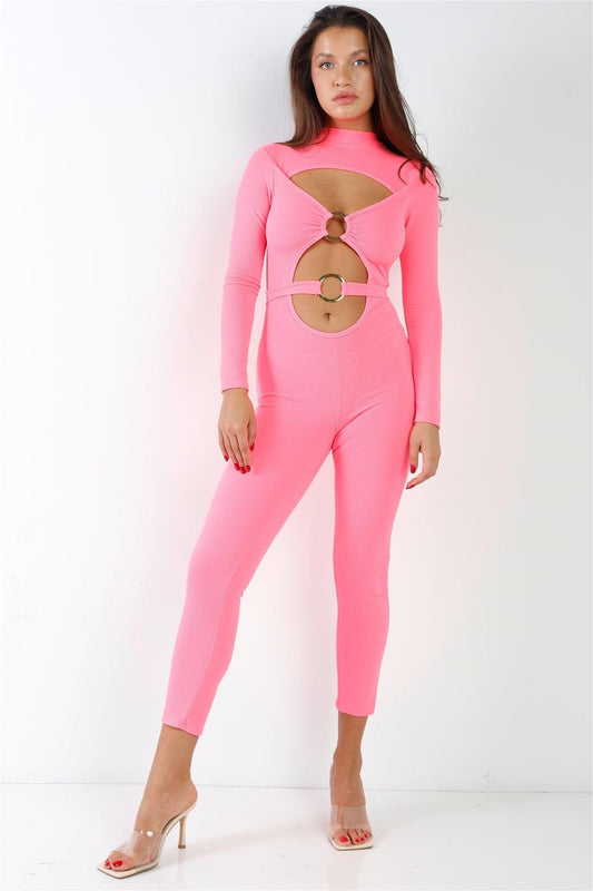 Neon Pink Gold "O" Emblem Cut Out Jumpsuit /2-2-2 - Tasha Apparel Wholesale