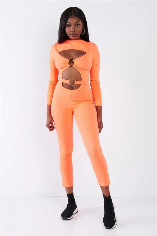 Orange Center Emblem Cut Out Ankle Length Jumpsuit - Tasha Apparel Wholesale