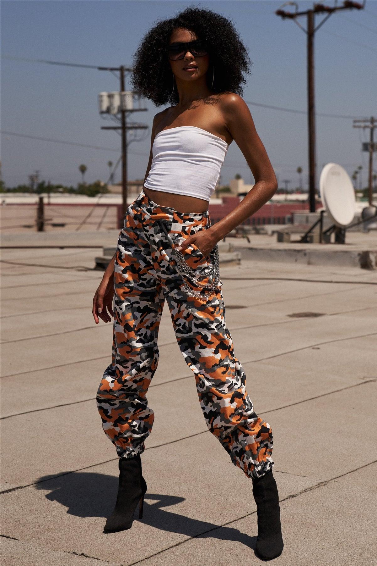 Orange Camouflage High Waisted Cargo Jogger Pants With Detachable Triple Chain Accessory / 2-2-2
