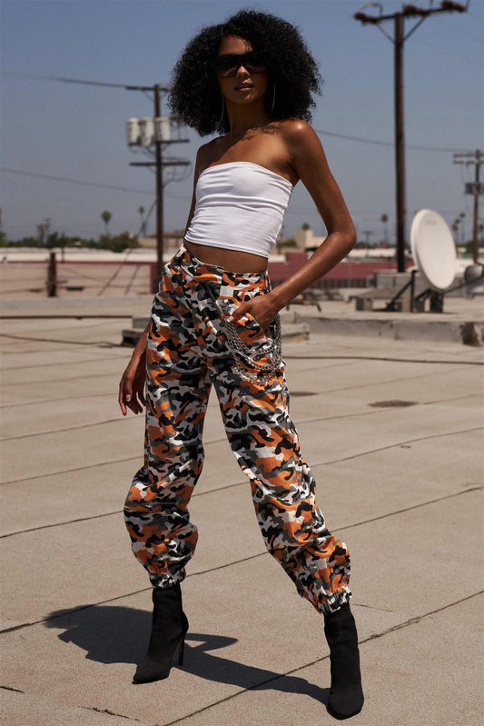 Orange Camouflage Cargo Detachable Triple Chain Pants - Tasha Apparel Wholesale