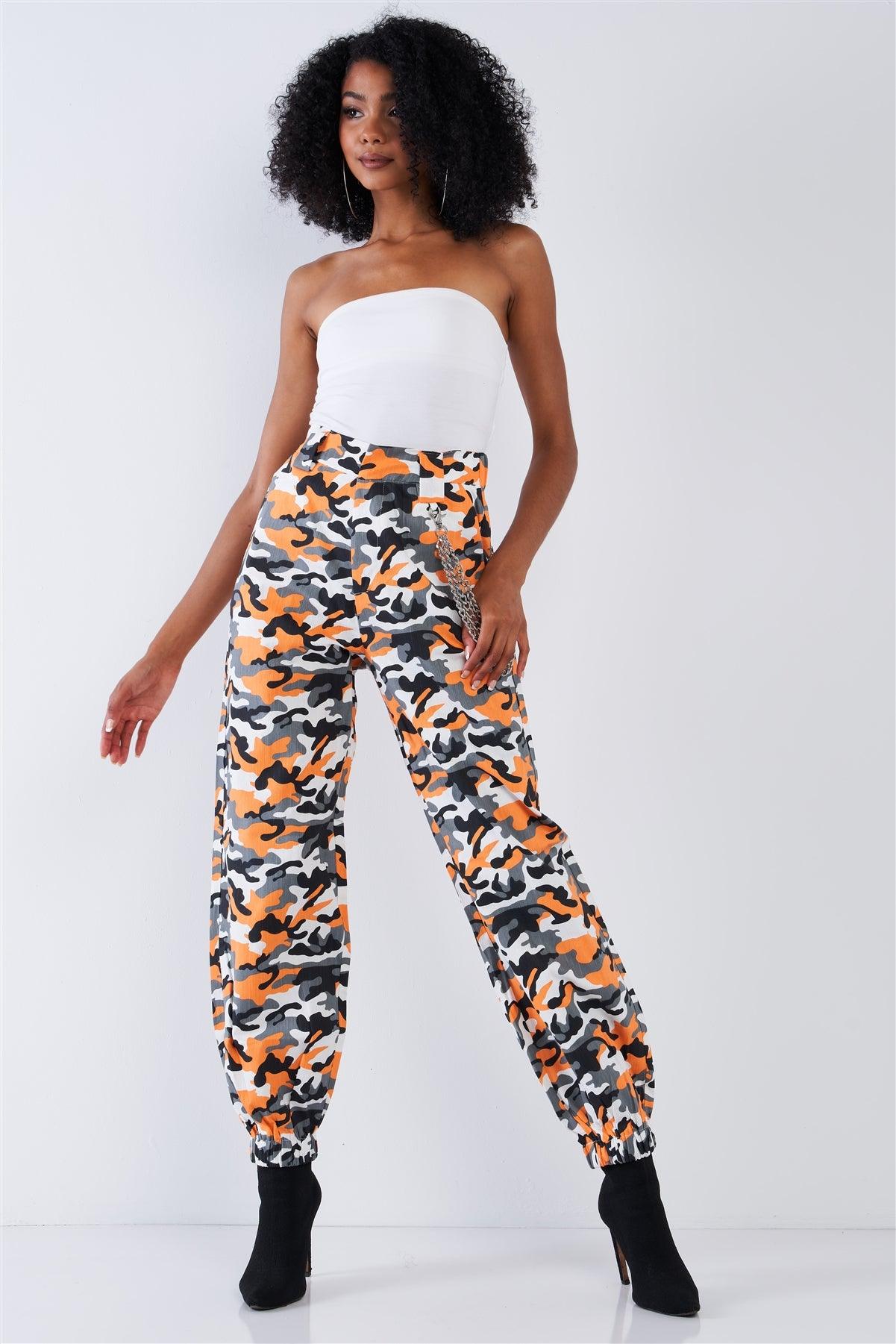 Orange Camouflage High Waisted Cargo Jogger Pants With Detachable Triple Chain Accessory