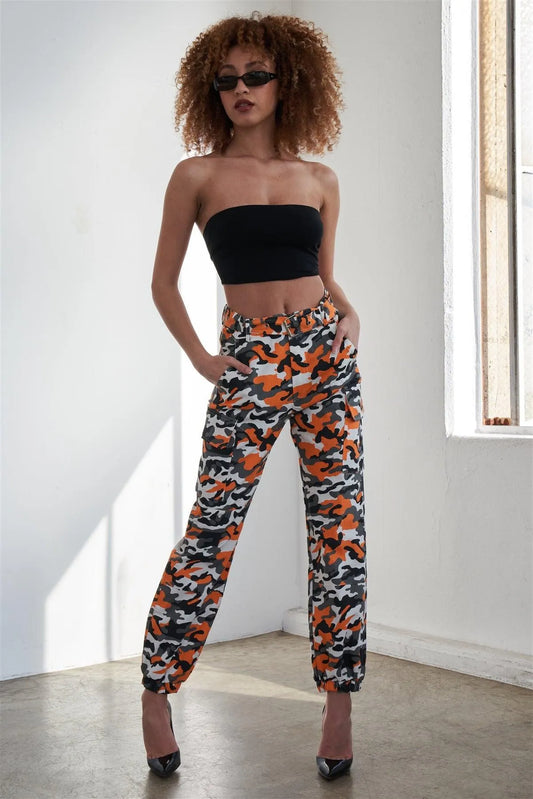 Orange Camo Belted High Waist Cargo Pants - Tasha Apparel Wholesale