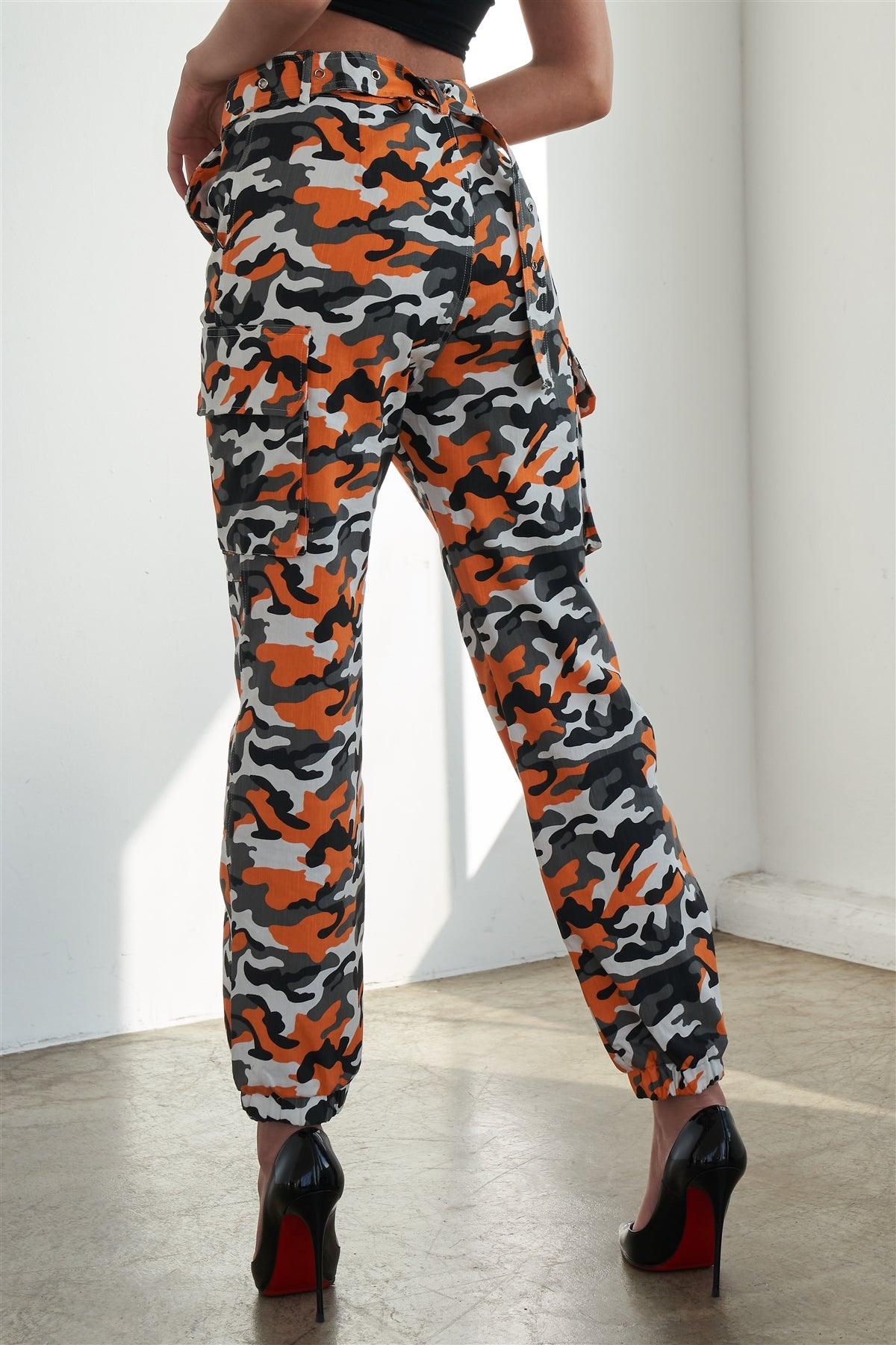 Orange Camouflage Belted High Waist Cargo Jogger Pants