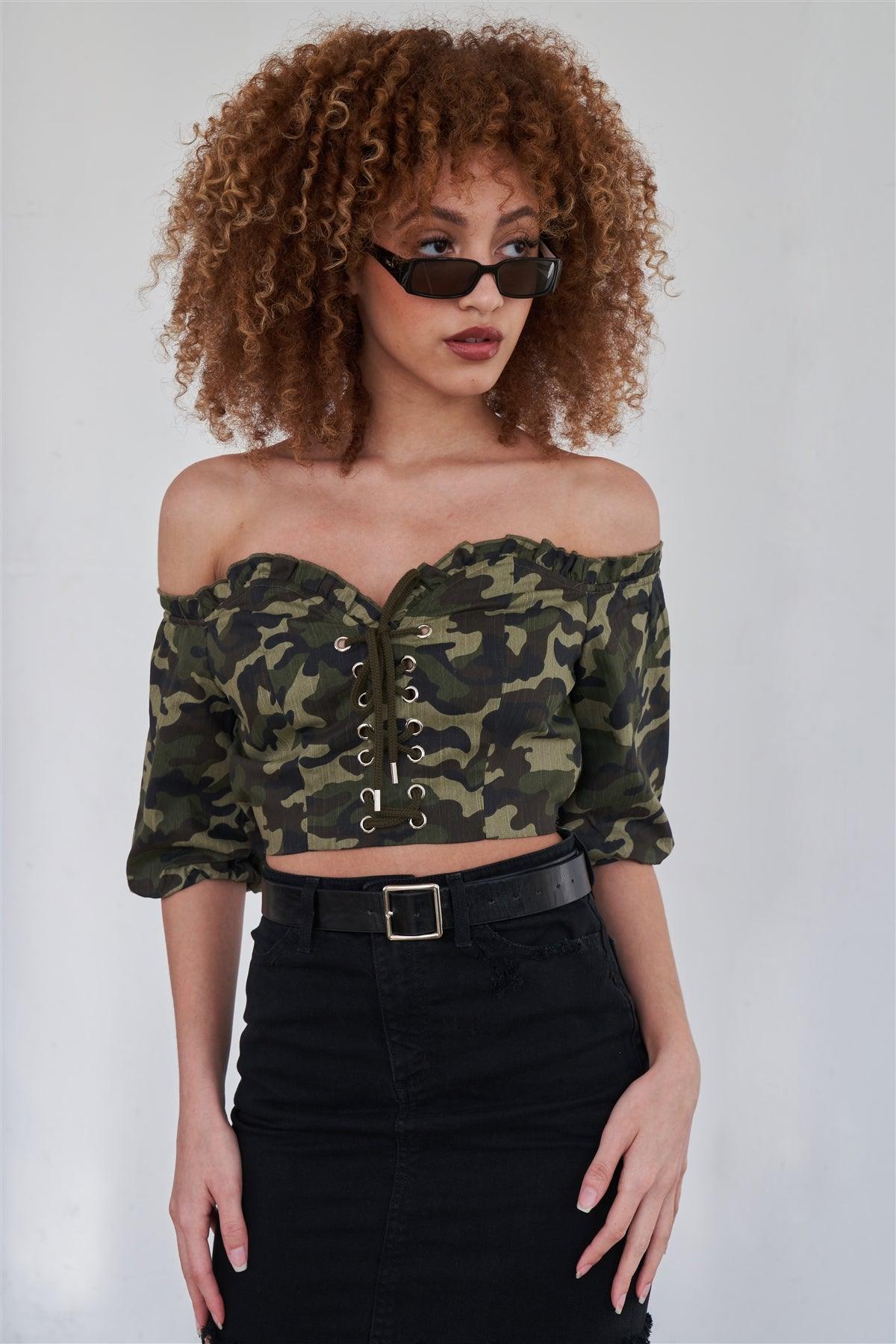 Olive Camouflage Off The Shoulder Mid-Length Puff Sleeve Crop Top /2-2-2