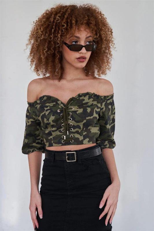 Camouflage Off The Shoulder Puff Sleeve Crop Top - Tasha Apparel Wholesale