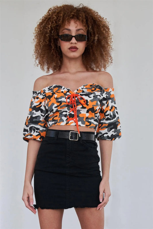 Orange Camo Off The Shoulder Puff Sleeve Crop Top - Tasha Apparel Wholesale