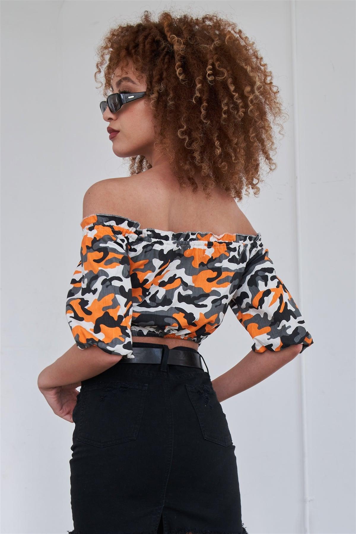 Orange Camouflage Off The Shoulder Mid-Length Puff Sleeve Crop Top