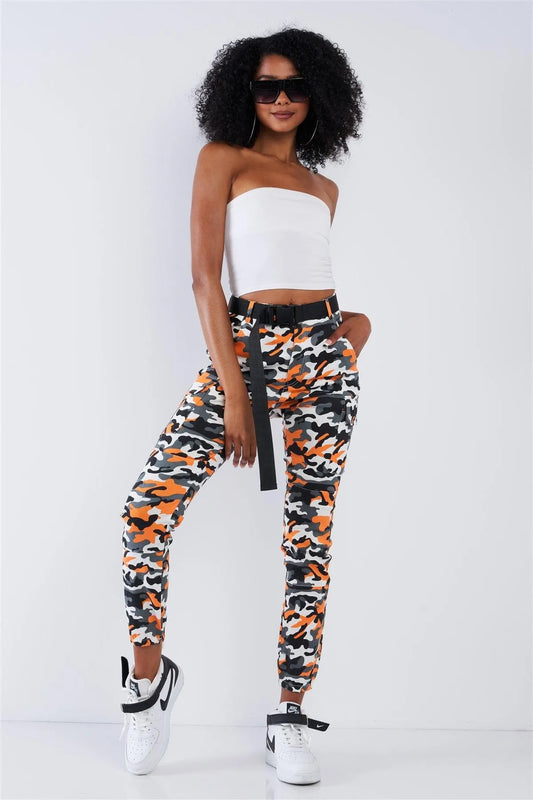 Orange Camo High Waisted Belted Cargo Pants - Tasha Apparel Wholesale