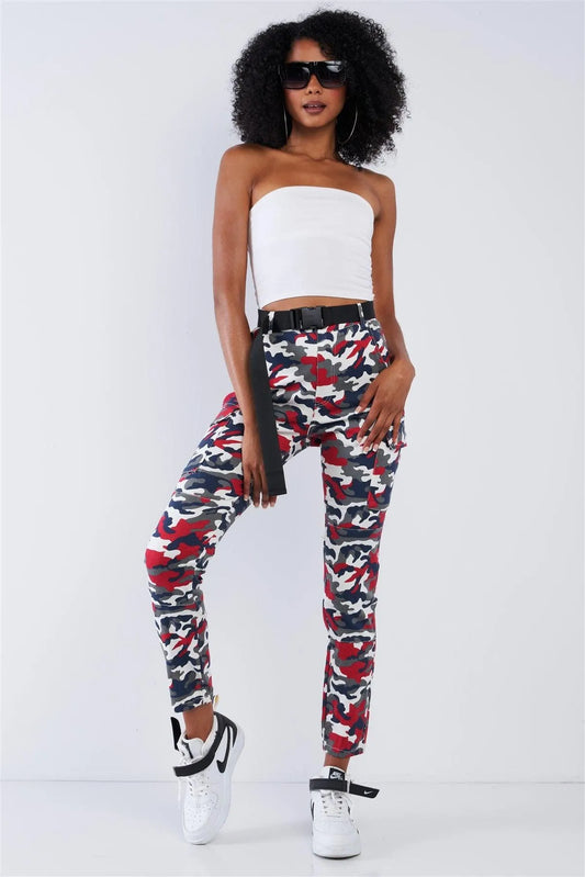 Red Camouflage Side Buckle Belted Cargo Pants - Tasha Apparel Wholesale