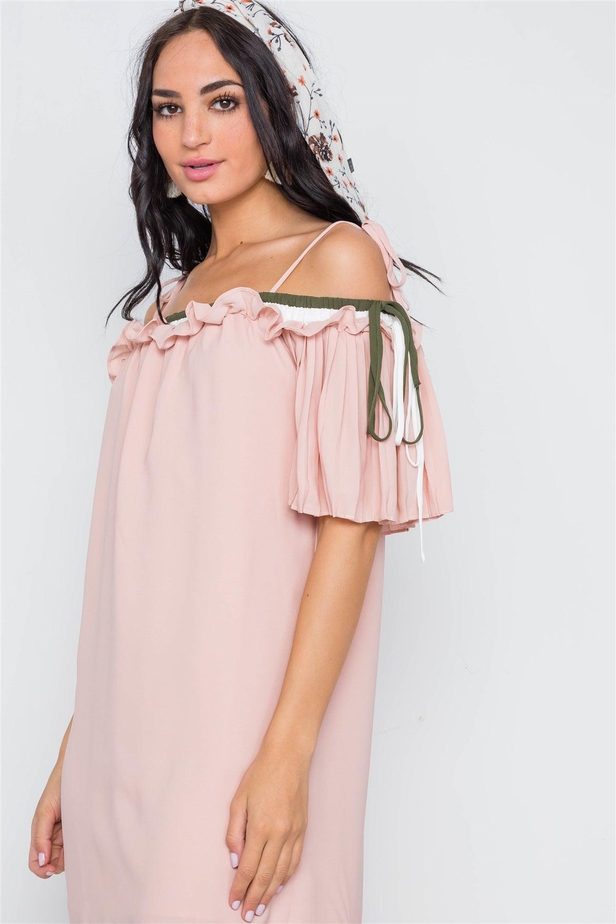 Blush Off The Shoulder Pleat Sleeves Dress