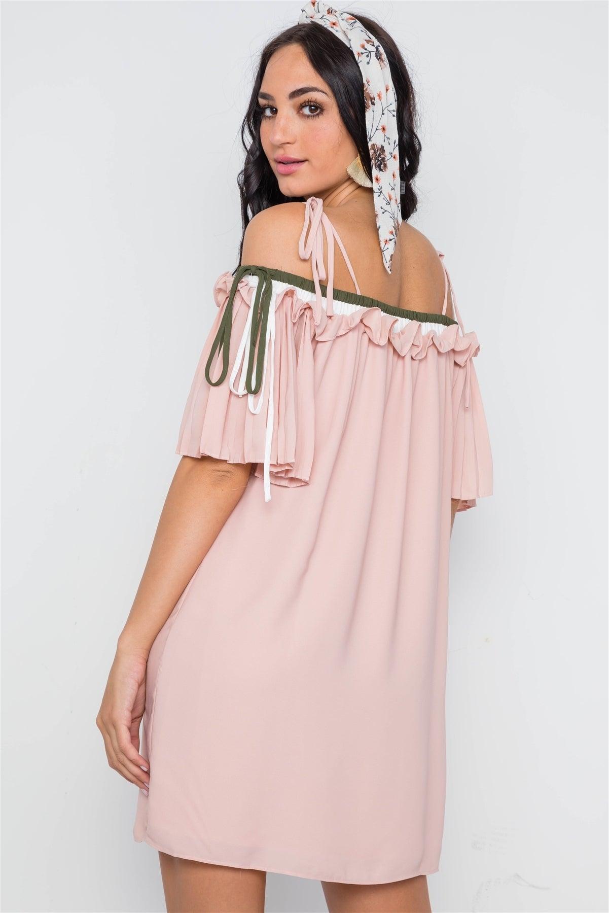 Blush Off The Shoulder Pleat Sleeves Dress