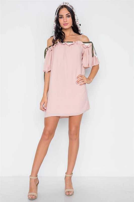 Blush Off The Shoulder Pleat Sleeves Mini Dress - Tasha Apparel Wholesale