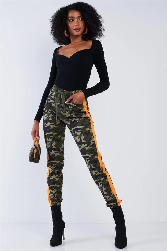 Camouflage High Waisted Orange Striped Cargo Pants - Tasha Apparel Wholesale