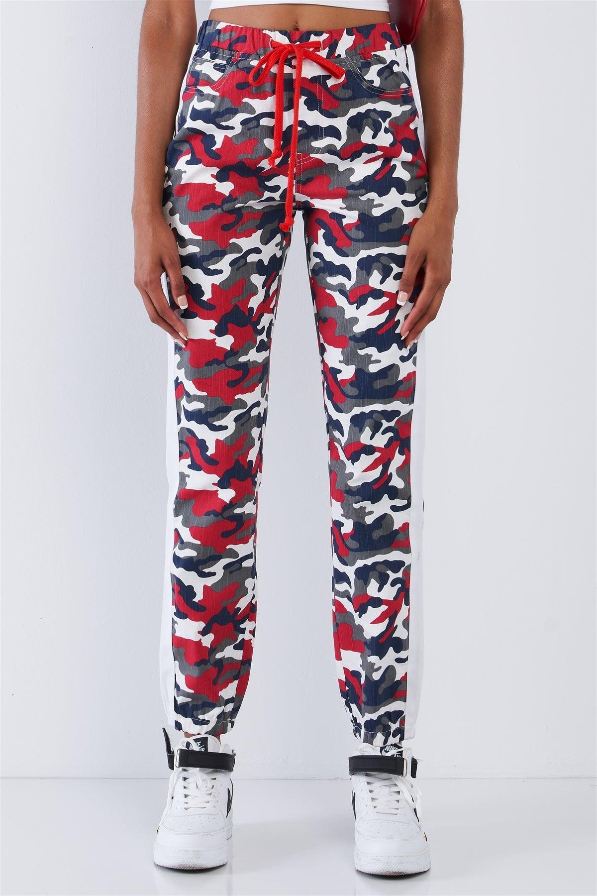 Red & Blue Camouflage High Waisted White Side Striped Elastic Waist Draw String Cargo Pants / 2-2-2