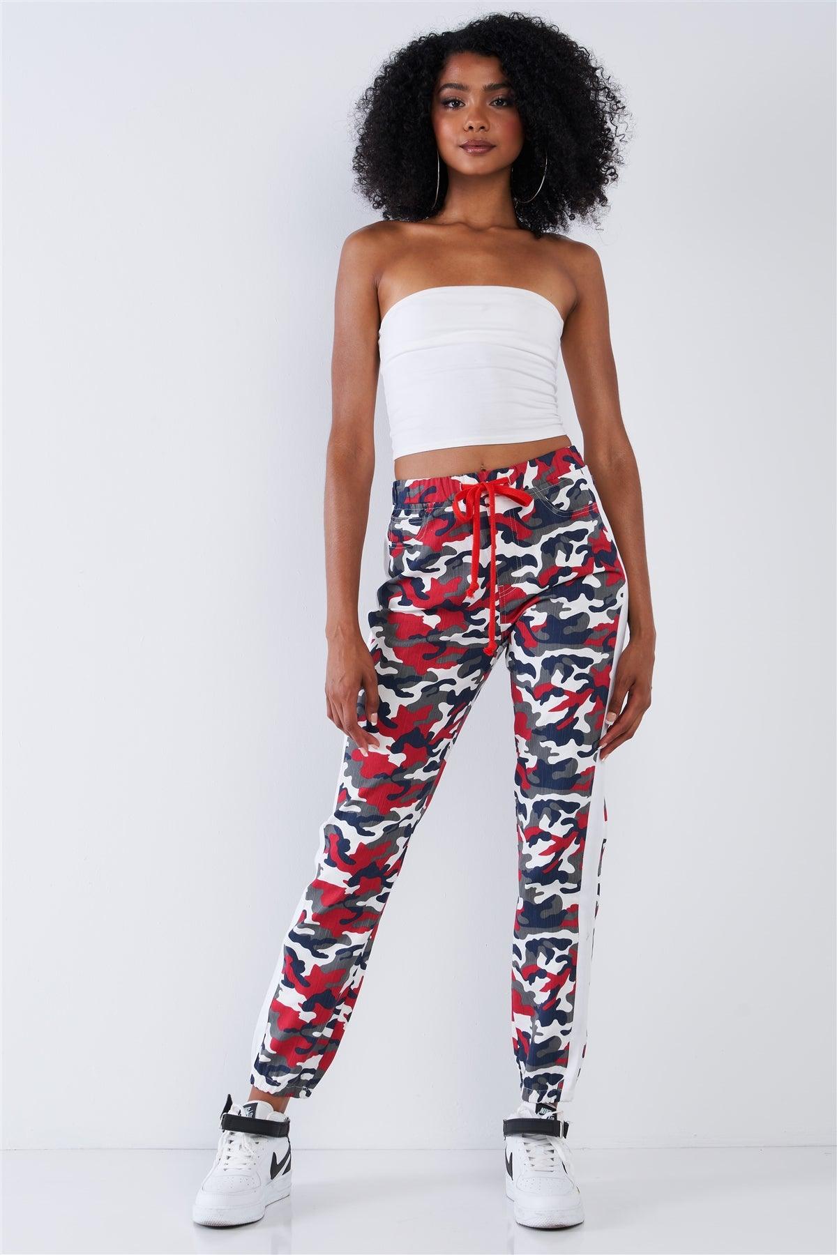 Red & Blue Camouflage High Waisted White Side Striped Elastic Waist Draw String Cargo Pants